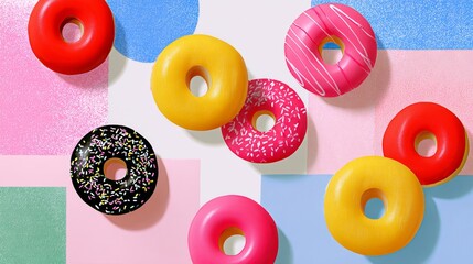A colorful arrangement of donuts on a pastel background, featuring various flavors and toppings