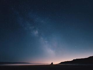 Fototapeta premium Stunning nightscape featuring the Milky Way illuminating a dark landscape. A couple silhouetted, symbolizing love, dreams, and limitless possibilities. Ideal for travel, adventure or romance themes.