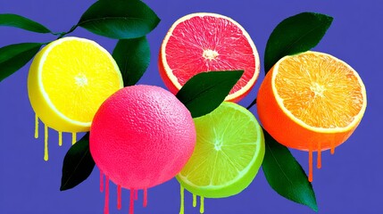 Colorful citrus fruits with vibrant leaves on a purple background
