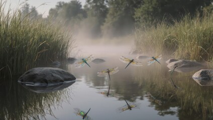 Dragonflies Hovering Over a Misty Stream at Dawn.