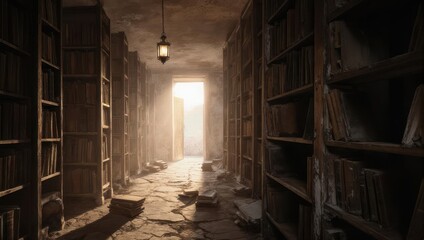 Dusty Library Corridor with Light at the End.