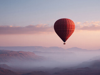 Fototapeta premium A solitary hot air balloon drifts peacefully above a misty mountain landscape at dawn. Evokes serenity, adventure, and exploration. Ideal for travel, dreams, or personal growth concepts.