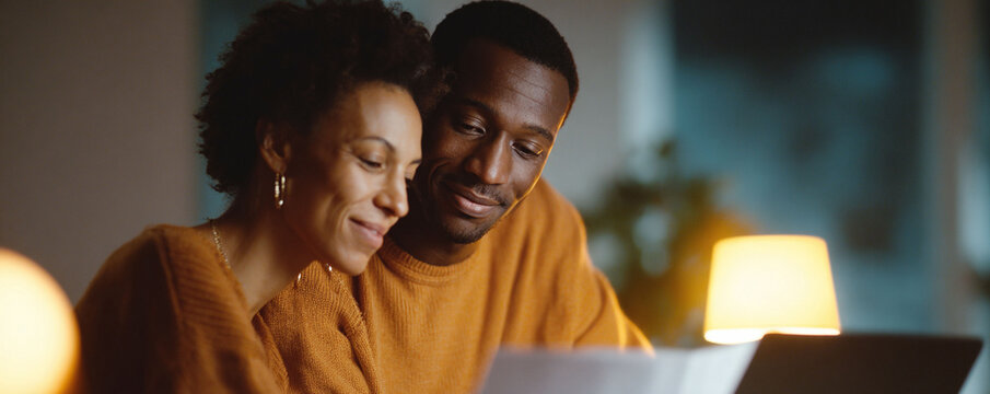 Happy couple reviewing documents, illuminated by soft light. Depicts togetherness, financial planning, or shared success. Ideal for finance, family, home ads.