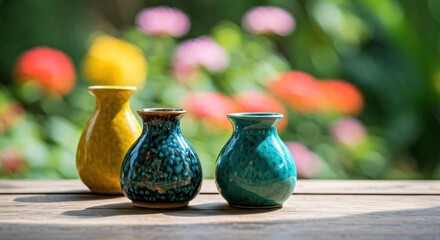 Three colorful ceramic vases on a wooden surface, blurred background of flowers