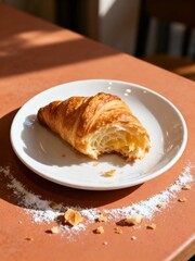 Fresh Flaky Croissant with Crumbs and Powdered Sugar on Ceramic Plate