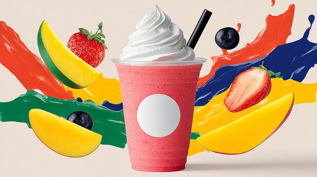 A colorful smoothie with whipped cream in a clear cup, surrounded by vibrant fruit splashes and fresh fruits like strawberries, blueberries, and mangoes