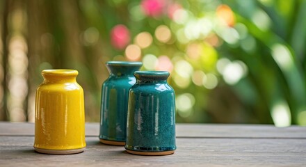 Three small, glazed ceramic vases sit on a weathered wooden surface with blurred foliage behind