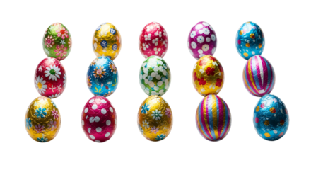 Collection of colorful foilwrapped chocolate easter eggs arranged in rows, isolated on transparent background