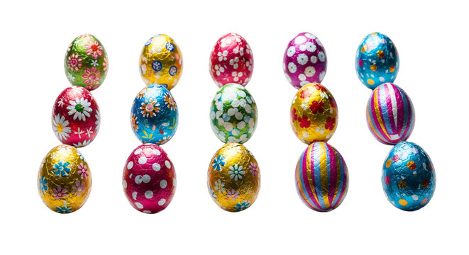 Collection of colorful foilwrapped chocolate easter eggs arranged in rows, isolated on transparent background - Powered by Adobe