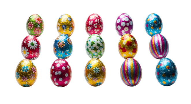 Collection of colorful foilwrapped chocolate easter eggs arranged in rows, isolated on transparent background - Powered by Adobe