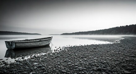 Tranquil grayscale scene wooden boat on still lake, misty horizon, pebble shore