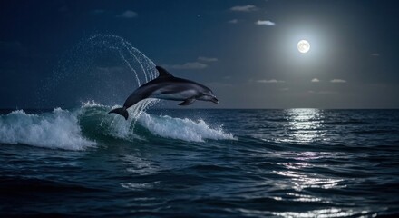 Naklejka premium Dolphin leaps moonlit ocean waves