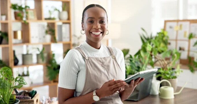 Face, volunteer and black woman in office, tablet and smile with environmental responsibility. African person, tech and happy activist in workplace, eco friendly and research for NGO project schedule