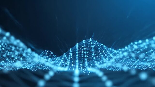 An abstract digital landscape comes alive with a mesmerizing network of interconnected glowing blue and cyan dots and lines. This intricate mesh pulsates and undulates, forming dynamic peaks and valle