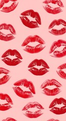 Image displays a pattern of red lipstick kiss marks on a light pink background