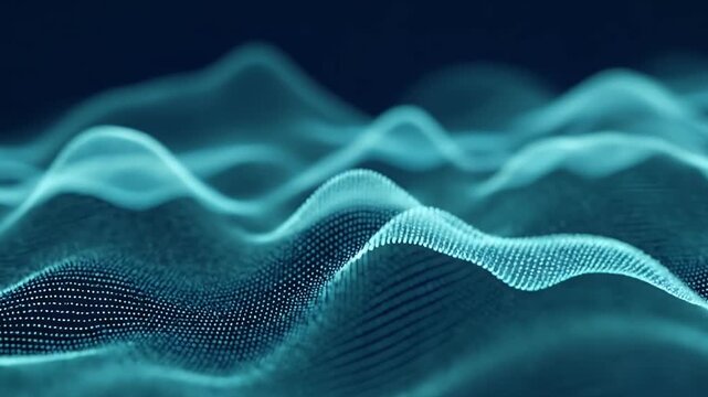 An abstract digital wave pattern, comprised of countless glowing blue particles, undulates across a dark, ambiguous background with a shallow depth of field. The intricate, flowing motion creates a fu