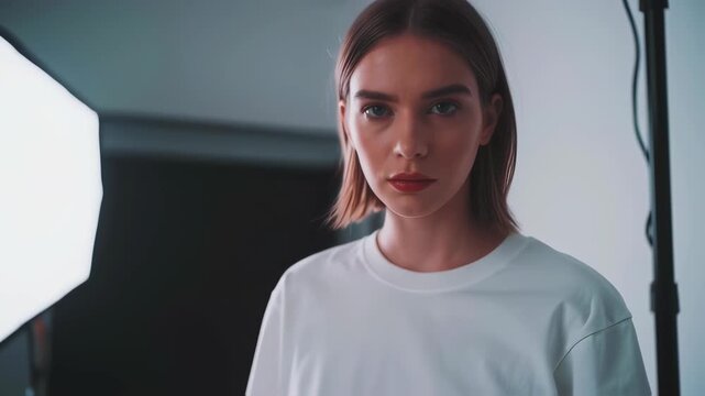 Woman in white shirt poses in studio with softbox lighting.