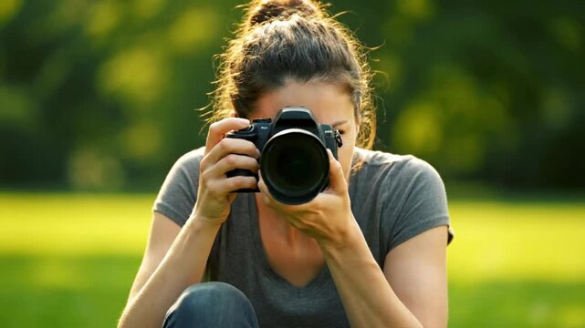 A young woman actively captures moments outdoors with her professional digital camera.