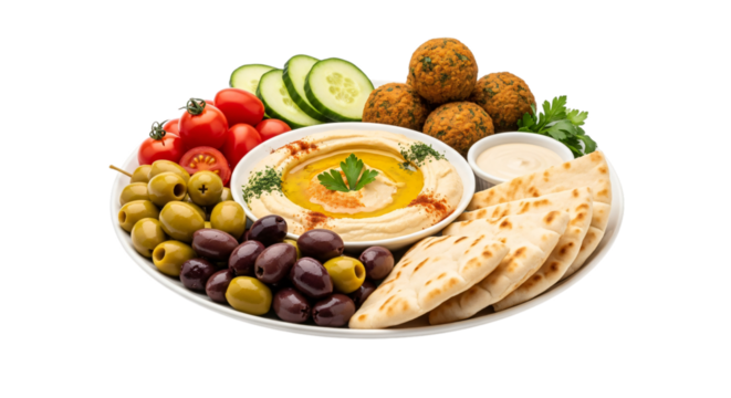 Healthy mediterranean platter with hummus, falafel, olives, cherry tomatoes, cucumber slices, and pita bread, isolated on transparent background