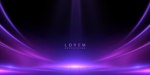 Purple curved light stage with soft glow and top spotlight on dark background. Futuristic luminous backdrop for tech banners, show promos and digital visuals.