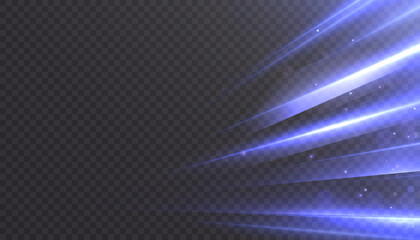 Obraz premium A light accent consisting of diverging blue rays with particles on a transparent background. Used to highlight objects, technological banners, game interfaces, and dynamic advertising compositions.