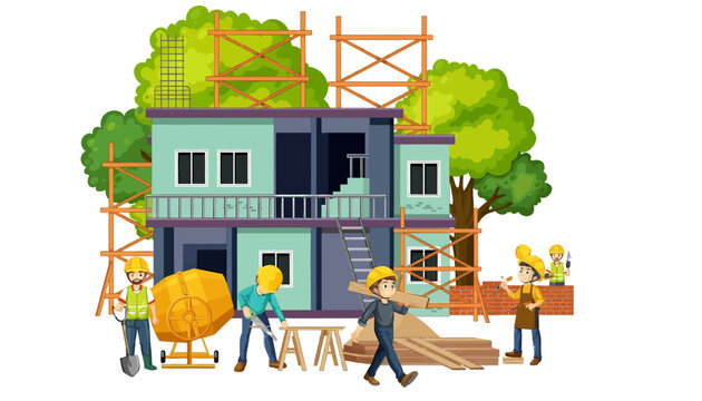 Illustration of construction workers building a house with scaffolding and tools