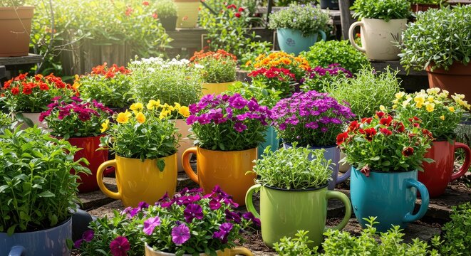 Vibrant potted flowers bloom in colorful mugs and planters creating a cheerful garden oasis bathed in warm sunlight, perfect for home decor and spring promotions
