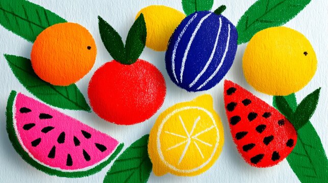A colorful arrangement of various fruits including watermelon, lemon, orange, and more, with green leaves, in a playful and artistic style - Powered by Adobe