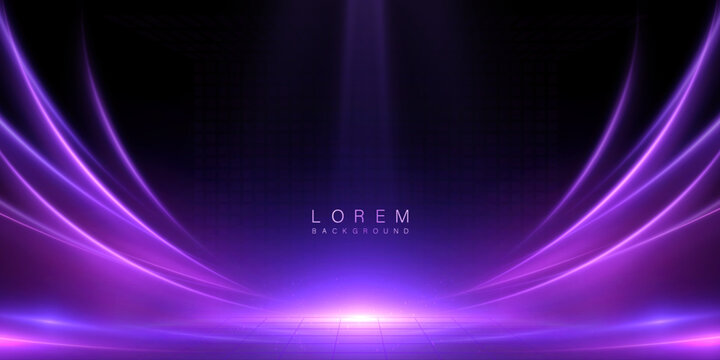 Purple curved light stage with soft glow and top spotlight on dark background. Futuristic luminous backdrop for tech banners, show promos and digital visuals.	