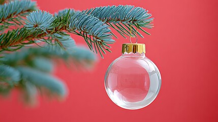 A clear glass Christmas ornament hanging from a pine branch against a red background