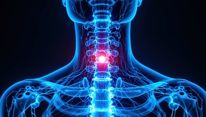 Detailed anatomical view of human neck with highlighted spine pain point, ideal for medical presentations, health awareness campaigns, and educational content