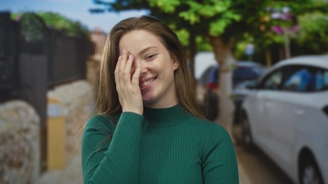 Young smiling woman in a green sweater covers half her face with her hand on a sunlit urban street; shyness.