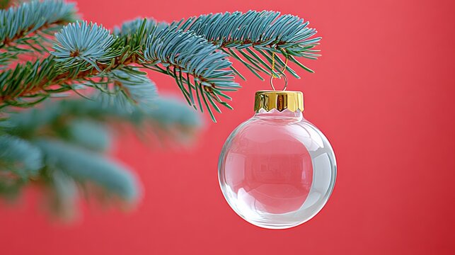 A clear glass Christmas ornament hanging from a pine branch against a red background - Powered by Adobe
