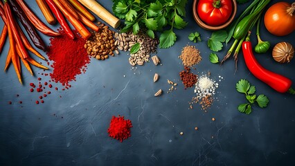 Aerial view of vibrant Southeast Asian ingredients on slate, showcasing spices and fresh herbs.
