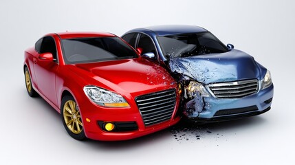 Naklejka premium A red and blue car in a head-on collision, showcasing damage on the blue car's front, modern design, studio lighting