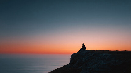Silhouette of a person sitting on a cliff edge at sunset, overlooking the ocean. Evokes solitude, contemplation, and the beauty of nature. Perfect for introspection themes.