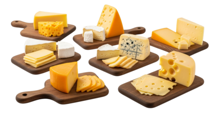 Assortment of various cheese types on wooden cutting boards, isolated on transparent background
