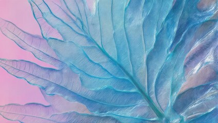 Translucent Blue Leaf on Pink Gradient Background, Abstract Art.