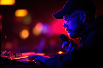 Music producer in a vibrant studio setting, adjusting sound levels while engaging with a microphone