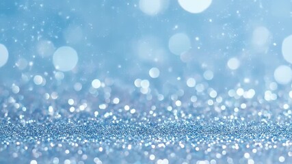 An enchanting abstract background featuring a shimmering floor of blue and silver glitter, beautifully complemented by soft, luminous bokeh lights and delicate floating particles in the air. This capt - Powered by Adobe