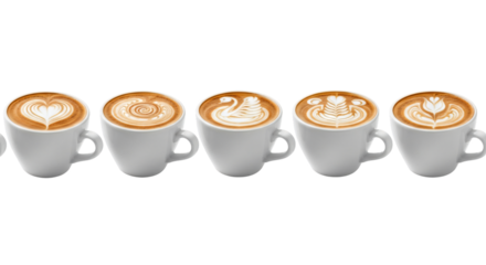Five cups of coffee with latte art, isolated on transparent background