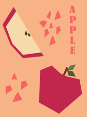 Poster with geometric apple. Food, juice, fruit background. Healthy eating, vegan diet. Modern vector design