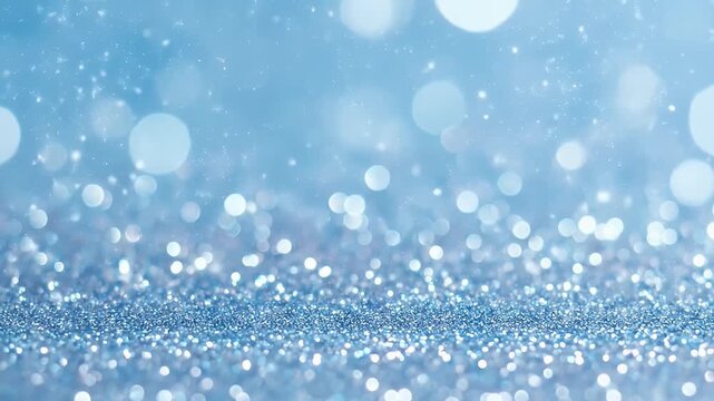 An enchanting abstract background featuring a shimmering floor of blue and silver glitter, beautifully complemented by soft, luminous bokeh lights and delicate floating particles in the air. This capt
