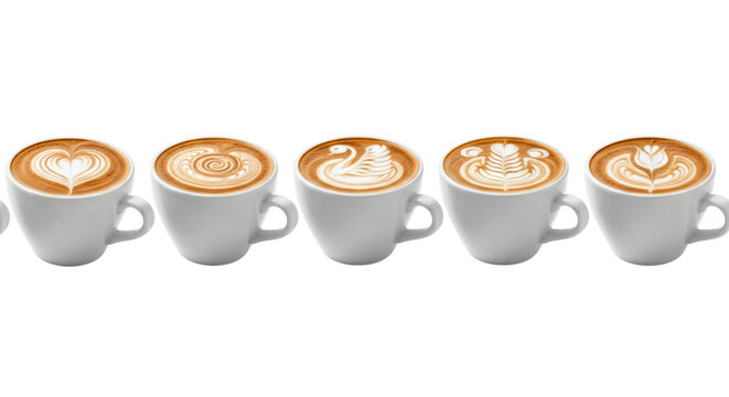 Five cups of coffee with latte art, isolated on transparent background