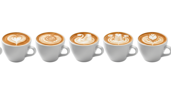 Five cups of coffee with latte art, isolated on transparent background