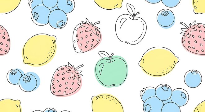 Colorful Fruit Pattern with Strawberries, Apples, Lemons, and Blueberries.