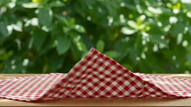 An empty wooden table is adorned with a classic red and white checkered tablecloth, set against a beautifully blurred background of lush green foliage. The scene evokes a fresh, inviting outdoor atmos