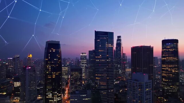 City skyline at dusk with interconnected network overlay. Skyscrapers illuminated against a gradient sky