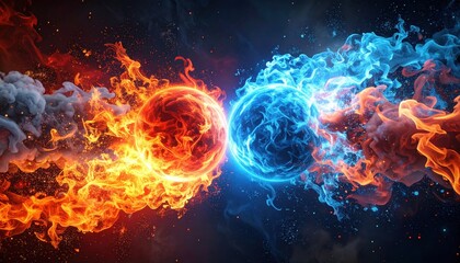 Explosion of fire and ice energy, abstract red and blue smoke spheres colliding, perfect for concepts of contrast, power, elemental forces, dynamic backgrounds, or sport events.