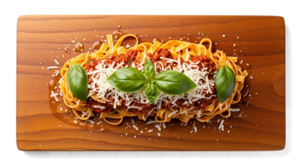Italian pasta with burrata, cherry tomatoes and basil on wooden plate